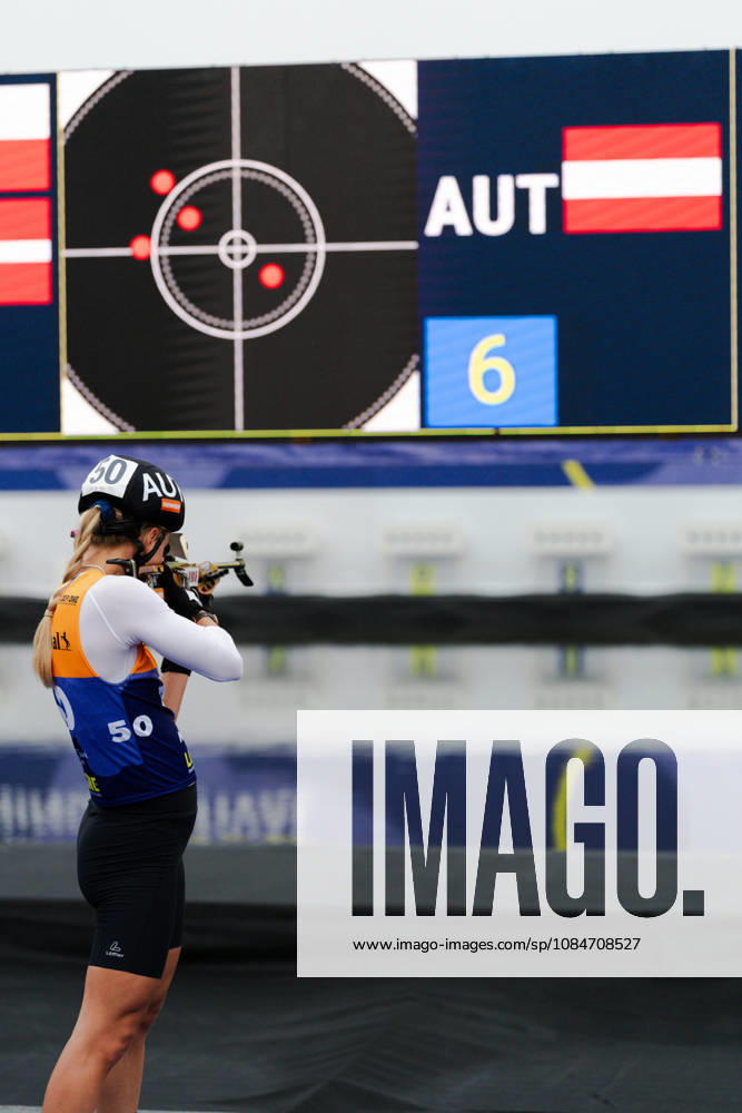 GER, Biathlon, Women, IBU Biathlon Loop One Festival 2026, 2026–2027 Season, Women’s Super Sprint Qualification Heat 1–4: Anna Gandler (AUT), standing at the shooting range during warm-ups at the Munich Olympic Park, Bavaria, Germany