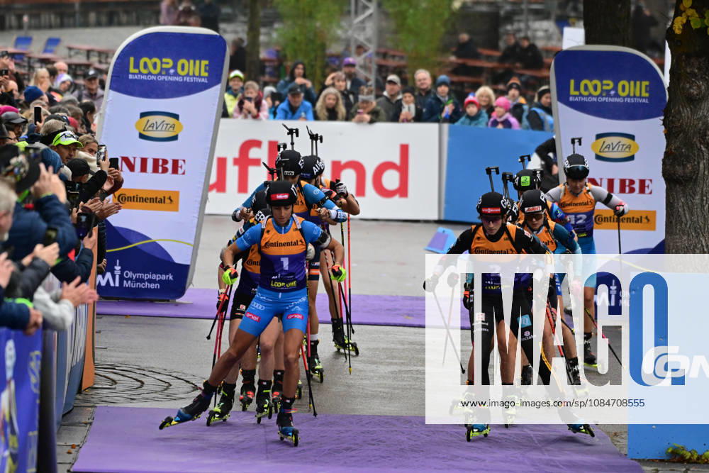 BIATHLON Start Heat 1 of the Women s and Men s Super Sprint Qualification during the Loop One Biathlon Opening Festival at the Olympic Park in Munich on October 18, 2026, Germany, Bavaria, Munich, Hans-Jochen-Vogel-Platz, Olympic Park, Bavaria, Germany