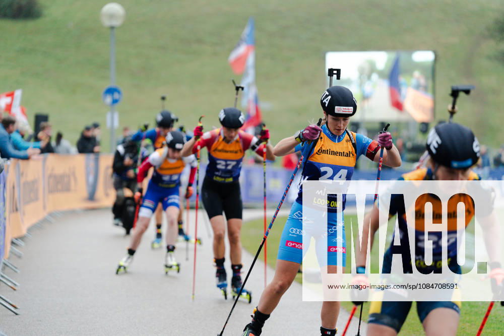 GER, Biathlon, Women, IBU Biathlon Loop One Festival 2026, 2026–2027 Season, Women’s Super Sprint Qualification, Heat 1: 4. Johanna Skottheim (SWE), 26; Martina Trabucchi (ITA), 24; Leonora Roenhede (DNK), 27, at the curve in Munich’s Olympic Park, Bavaria, Germany