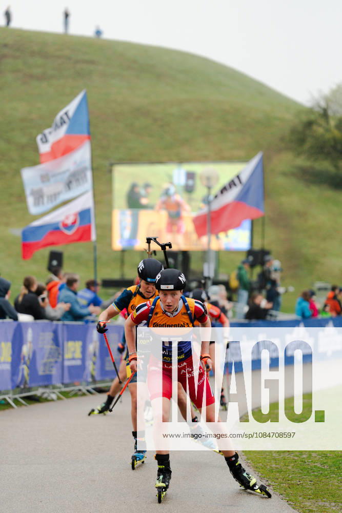 GER, Biathlon, Women, IBU Biathlon Loop One Festival 2026, 2026–2027 Season, Women’s Super Sprint Qualification Heat 1: Maren Kirkeeide (NOR), 17, and Lucie Charvatova (CZE), 20, in the lead at the Olympic Park in Munich, Bavaria, Germany