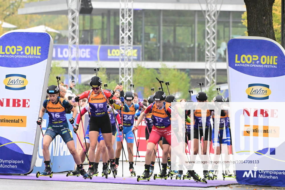 BIATHLON Heat 2 featuring Elvira OEBERG (SWE), Maren KIRKEEIDE (NOR), and Amy BASERGA (SUI) in the Women’s and Men’s Super Sprint Qualifier during the Loop One Biathlon Opening Festival at the Olympic Park in Munich on October 18, 2026, Germany, Bavaria, Munich, Hans-Jochen-Vogel-Platz, Olympic Park, Bavaria, Germany