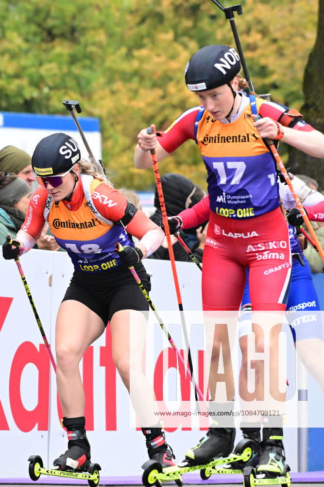 BIATHLON KIRKEEIDE Maren NOR and BASERGA Amy SUI during the women s and men s Super Sprint qualifiers at the Loop One Biathlon Opening Festival in Munich s Olympic Park on October 18, 2026, Germany, Bavaria, Munich, Hans Jochen Vogel Square, Olympic Park, Bavaria, Germany