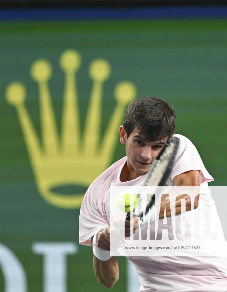 (261018) -- SHANGHAI, Oct. 18, 2026 -- Rafael Jodar of Spain hits a return during the men s singles final match against Alejandro Davidovich Fokina of Spain at the 2026 ATP, Tennis Herren tour Shanghai Masters tennis tournament in Shanghai, China, Oct. 18, 2026. ) (SP)CHINA-SHANGHAI-TENNIS-SHANGHAI MASTERS-MEN S SINGLES (CN) ChenxHaoming