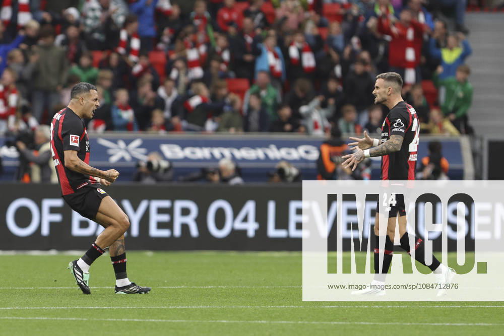 Facundo Medina of Bayer 04 Leverkusen and Aleix Garcia of Bayer 04 Leverkusen celebrate after scoring the goal that tied the game at 1–1 during the Bundesliga match between Bayer 04 Leverkusen and Sport Club Freiburg, BayArena on October 18, 2026, in Leverkusen, Germany. Photo by Oliver Kaelke, DeFodi Images. Facundo Medina of Bayer 04 Leverkusen and Aleix Garcia of Bayer 04 Leverkusen celebrate after their team’s first goal during the Bundesliga match between Bayer 04 Leverkusen and Sport Club Freiburg at BayArena on October 18, 2026 in Leverkusen, Germany. Photo by Oliver Kaelke, DeFodi Images. DFB and DFL regulations prohibit any use of photographs as image sequences and or quasi-video. Photo by Oliver Kaelke, DeFodi Images.