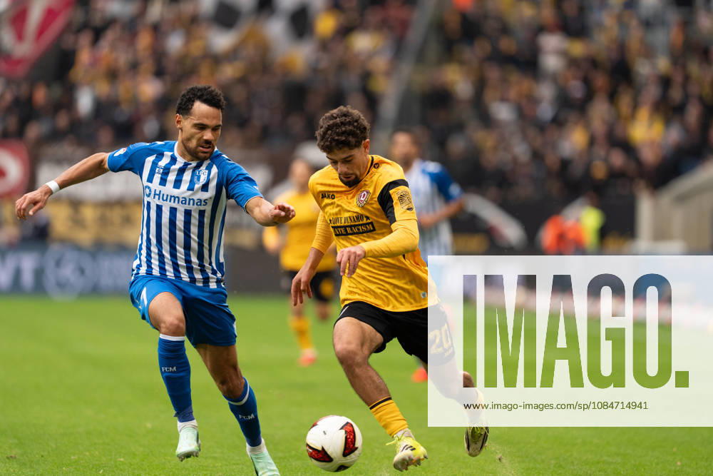 Pictured: A tackle between Ben Bobzien (20), SG Dynamo Dresden, and Herbert Bockhorn (7), 1 FC Magdeburg, October 18, 2026, SG Dynamo Dresden vs. 1 FC Magdeburg, Bundesliga Matchday 8, Soccer, Germany, Dresden, Rudolf Harbig Stadium