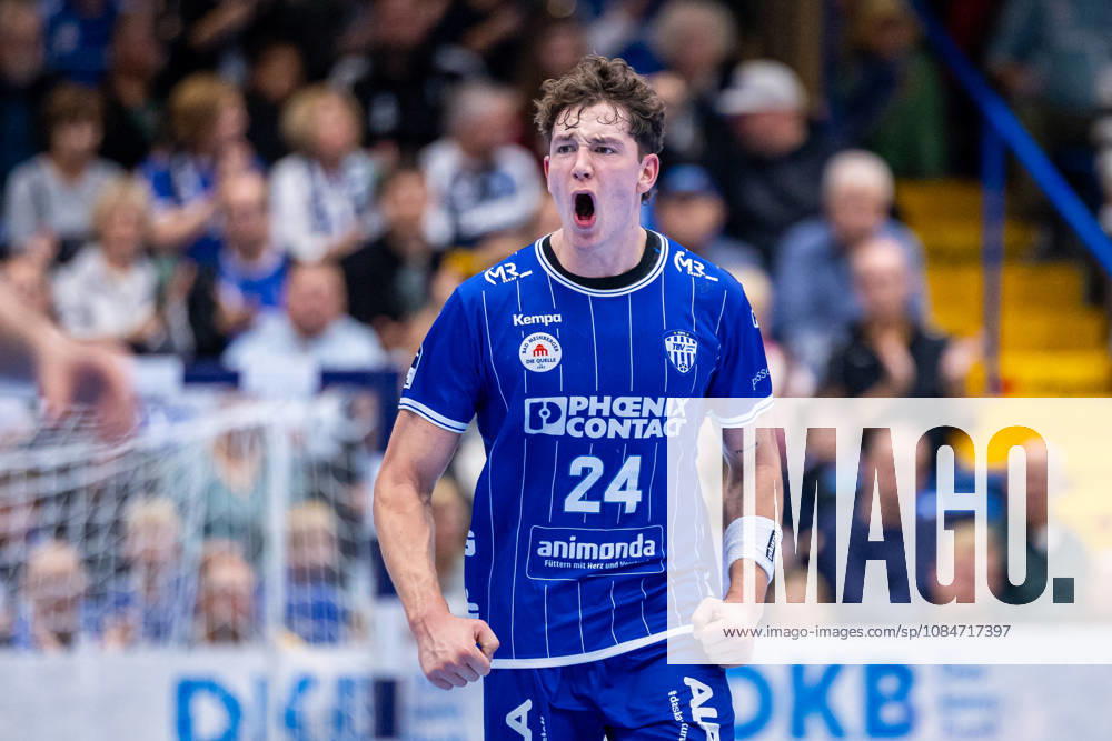 Joel Willecke of TBV Lemgo Lippe, 24, celebrates after scoring a goal. GER, TBV Lemgo Lippe vs. Frisch Auf Göppingen, Handball, 1st Bundesliga, Matchday 9, 2026–2027 season, October 18, 2026 GER, TBV Lemgo Lippe vs. Frisch Auf Göppingen, Handball, 1st Bundesliga, Matchday 9, 2026–2027 season, October 18, 2026 Lemgo