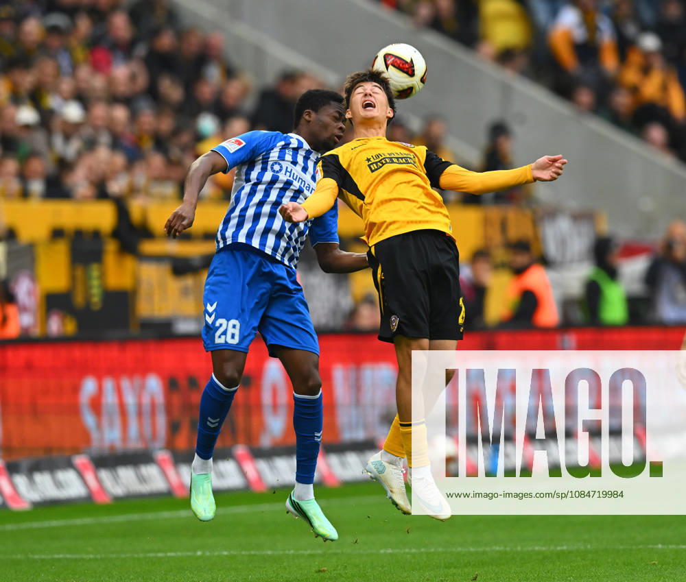 From left: Pierre Nadjombe (Magdeburg), Patrice Covic (Dresden), October 18, 2026, Soccer, GER, 2026–2027 season, 2. Bundesliga, Second Division, Matchday 8, Rudolf Harbig Stadium, Dresden, SG Dynamo Dresden vs. 1. FC Magdeburg, DFB and DFL regulations prohibit any use of photographs as image sequences and or quasi-video,