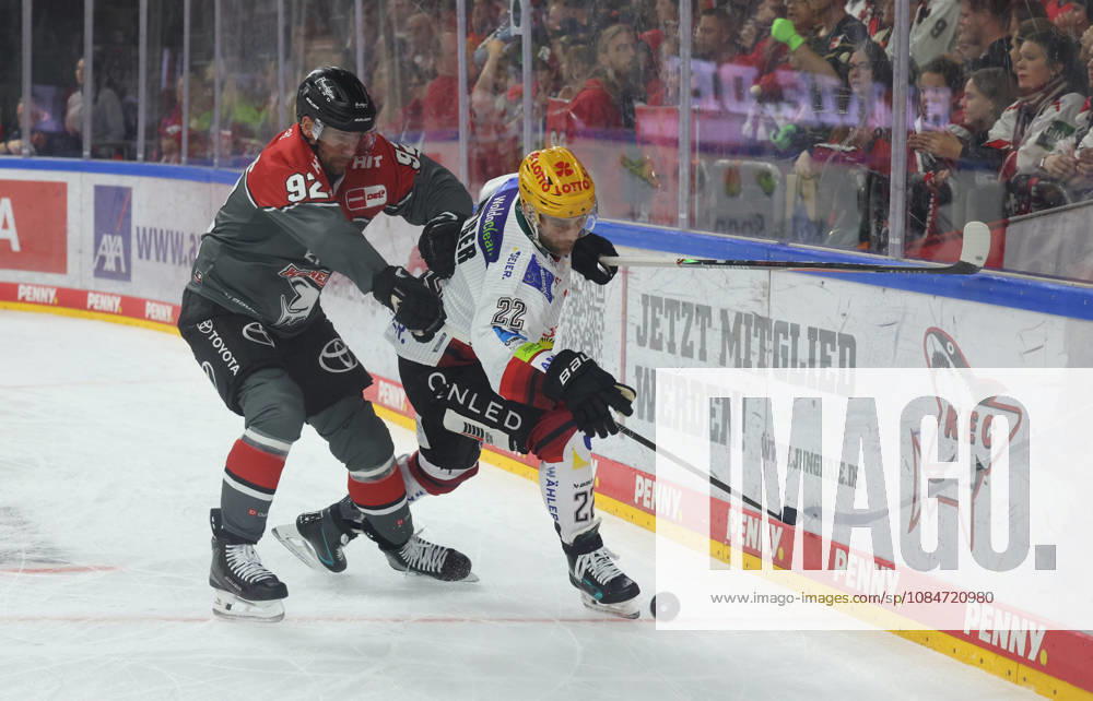 V l Marcel Noebels, Cologne Sharks 92; Vladimir Eminger, Bremerhaven Penguins 22 GER, Cologne Sharks vs. Bremerhaven Penguins, Ice Hockey, PENNY DEL, Matchday 10, 2026–2027 Season, October 18, 2026 GER, Cologne Sharks vs. Bremerhaven Penguins, Ice Hockey, PENNY DEL, Matchday 10, 2026–2027 Season, October 18, 2026 Cologne