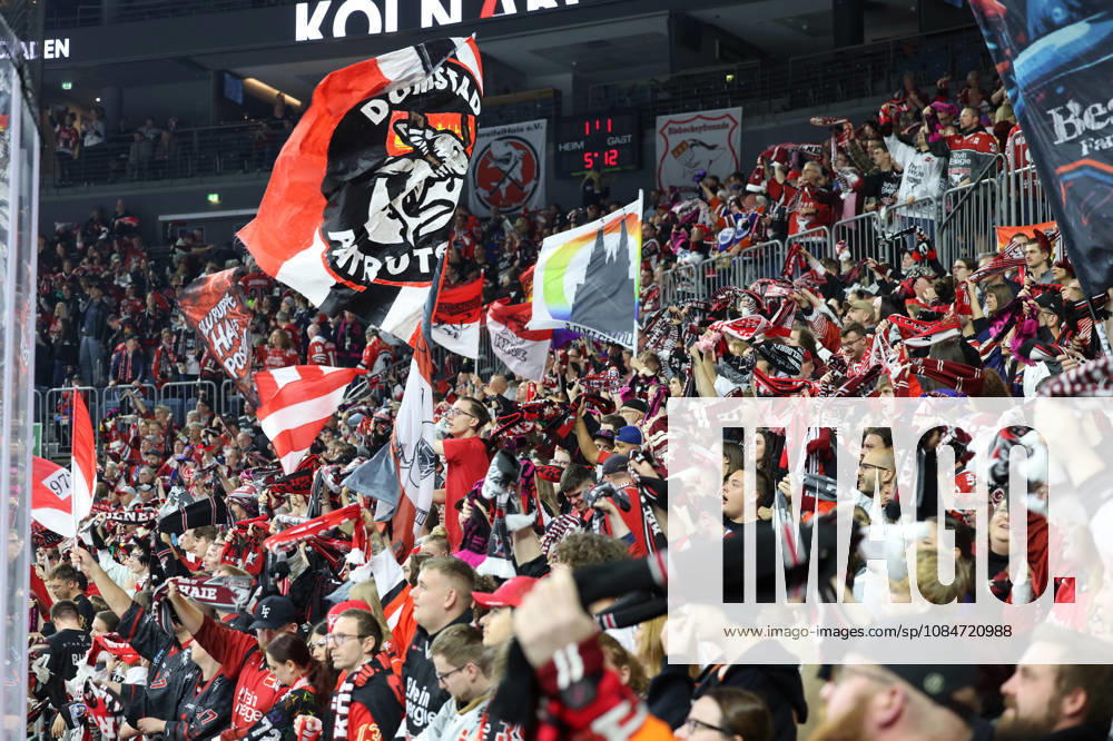 Cologne Haie fans celebrate after the 1-1 tie GER, Cologne Haie vs. Pinguins Bremerhaven, ice hockey, PENNY DEL, Matchday 10, 2026–2027 season, October 18, 2026 GER, Cologne Haie vs. Bremerhaven Pinguins, Ice Hockey, PENNY DEL, Matchday 10, 2026–2027 Season, October 18, 2026 Cologne