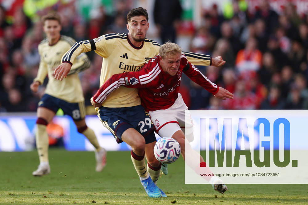 Nottingham, England, 18th October 2026. Kai Havertz of Arsenal and Xaver Schlager of Nottingham Forest challenge for the ball during the Nottingham Forest vs Arsenal Premier League match at the City Ground, Nottingham. Picture credit should read: Jake Youle Sportimage . SPI_026_JY_Forest_Arsenal SPI-5083-0026