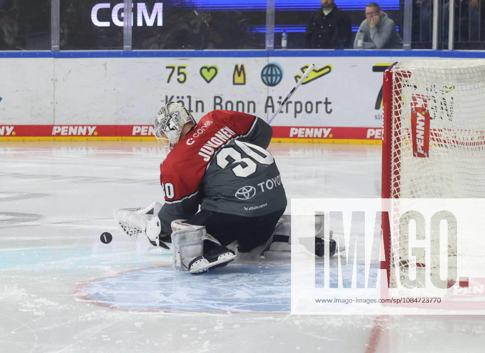 Janne Juvonen of the Koelner Haie makes a save (30) in the game between the Koelner Haie and the Pinguins Bremerhaven, ice hockey, PENNY DEL, Matchday 10, 2026–2027 season, October 18, 2026 GER, Cologne Sharks vs. Pinguins Bremerhaven, Ice Hockey, PENNY DEL, Matchday 10, 2026–2027 Season, October 18, 2026 Cologne