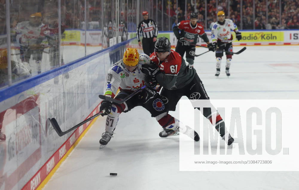 Head-to-head, from left: Alexander Friesen (Pinguins Bremerhaven 57), Markus Ljungh (Kölner Haie 61 GER), Kölner Haie vs. Pinguins Bremerhaven, ice hockey, PENNY DEL, Matchday 10, 2026–2027 season, October 18, 2026 GER, Cologne Sharks vs. Bremerhaven Pinguins, Ice Hockey, PENNY DEL, Matchday 10, 2026–2027 Season, October 18, 2026 Cologne