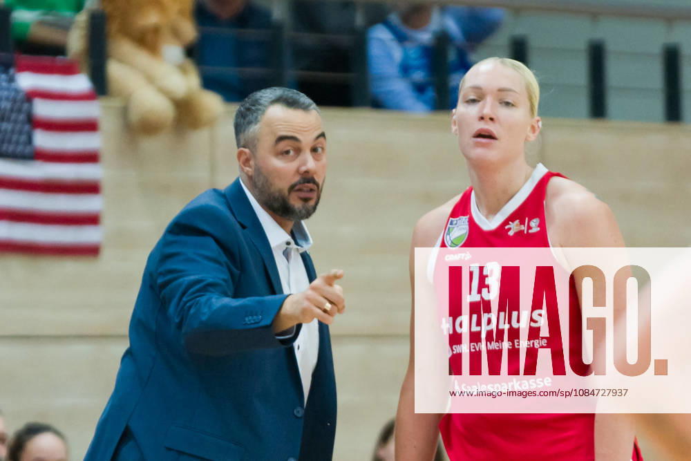 Timur Topal (Lions), Head Coach; Marta Miscenko (Lions), No. 13; Halfit Lions vs. BC Marburg Blue Dolphins, Women s Basketball, 1st Bundesliga, DBBL, Matchday 3 of the 2026–27 season, October 18, 2026, SWH Arena, Halle, Saxony-Anhalt, Germany