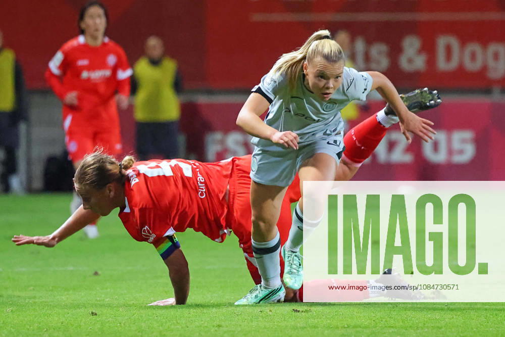 Mainz, Germany, October 18, 2026, Women’s Bundesliga 2026–2027, Matchday 7: 1. FSV Mainz 05 vs. VfL Wolfsburg. Pictured: Anny Kerim Lindland of VfL outplays Johanna Berg of FSV. DFL and DFB regulations prohibit any use of photographs as image sequences and or quasi-video. Bruchwegstadion, Rhineland-Palatinate