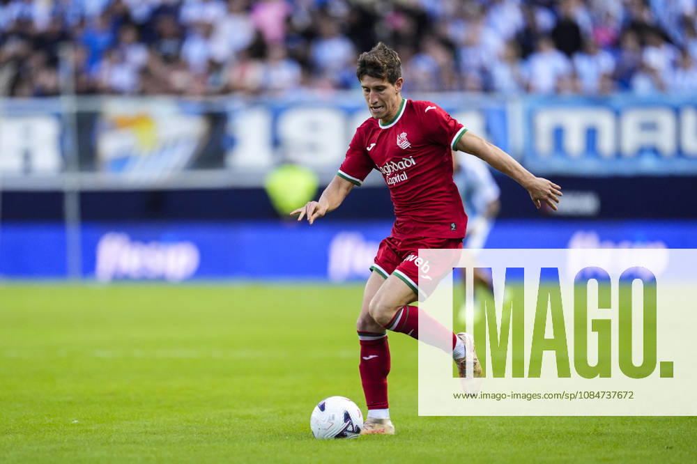 Aihen Munoz of Real Sociedad in action during the Spanish league, LaLiga EA Sports, football match played between Malaga CF and Real Sociedad at La Rosaleda stadium on October 18, 2026, in Malaga, Spain. Malaga CF V Real Sociedad - LaLiga EA Sports - ZUMAa181 20261018_zaa_a181_217