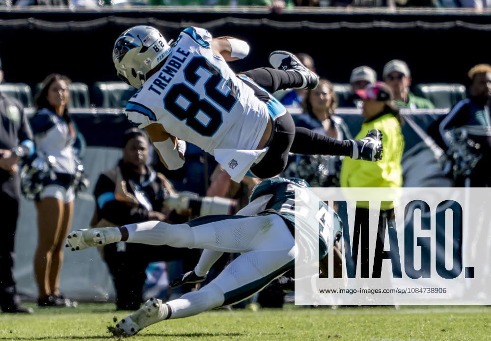 Oct 18, 2026; Philadelphia, PA, USA; Carolina Panthers tight end Tommy Tremble (82) tackled by Philadelphia Eagles safety Andrew Mukuba (24) during the NFL, American Football Herren, USA football matchup between the Carolina Panthers and Philadelphia Eagles during the NFL football matchup between the Carolina Panthers and Philadelphia Eagles at Lincoln Financial Field. Mandatory Credit: -Cal Media NFL 2026: Panthers Vs Eagles OCT 18 - ZUMAcs17 20261018_faf_cs17_016