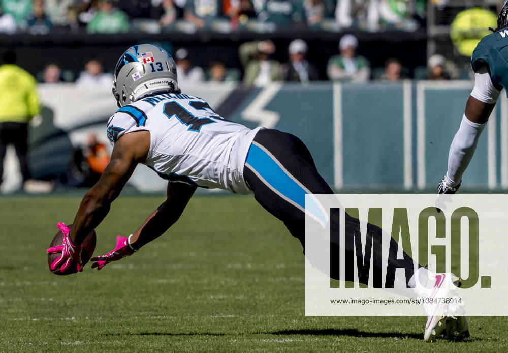 Oct 18, 2026; Philadelphia, PA, USA; Carolina Panthers wide receiver John Metchie III (13) dives for a catch and misses the pass during the NFL, American Football Herren, USA football matchup between the Carolina Panthers and Philadelphia Eagles at Lincoln Financial Field. Mandatory Credit: -Cal Media NFL 2026: Panthers Vs Eagles OCT 18 - ZUMAcs17 20261018_faf_cs17_019