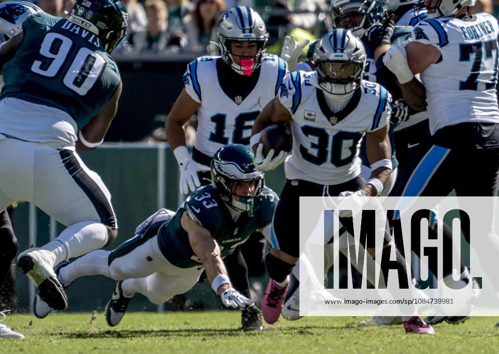 Oct 18, 2026; Philadelphia, PA, USA; Carolina Panthers running back Chuba Hubbard (30) runs the ball during the NFL, American Football Herren, USA football matchup between the Carolina Panthers and Philadelphia Eagles at Lincoln Financial Field. Mandatory Credit: -Cal Media Philadelphia USA - ZUMAcs17 20261018_faf_cs17_024