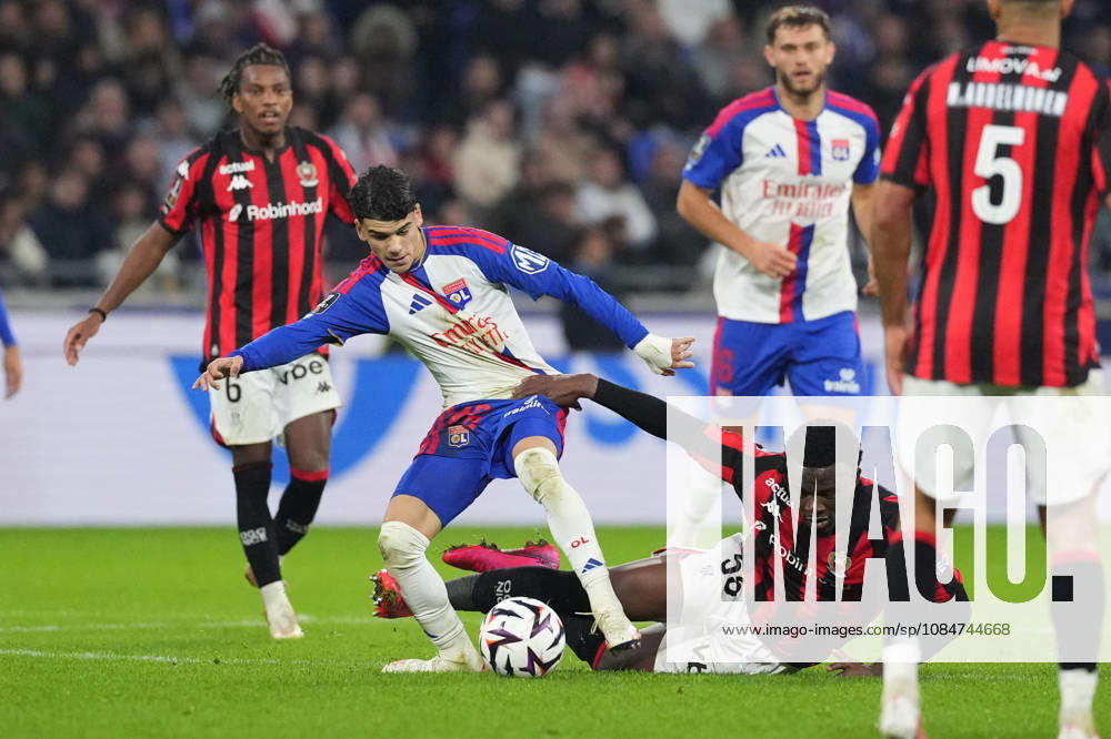 Olympique Lyonnais v OGC Nice - Ligue 1 McDonald s 2026 2027 Youssouf NDAYISHIMIYE of OGC Nice and Kail BOUDACHE of Olympique Lyonnais during Ligue 1 McDonald s match between Lyon and Nice at Groupama Stadium on October 18, 2026 in Lyon, France. Lyon France