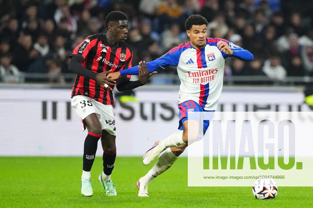 Olympique Lyonnais v OGC Nice - Ligue 1 McDonald s 2026 2027 Junior MANDZA of OGC Nice and Zachary ATHEKAME of Olympique Lyonnais during Ligue 1 McDonald s match between Lyon and Nice at Groupama Stadium on October 18, 2026 in Lyon, France. Lyon France