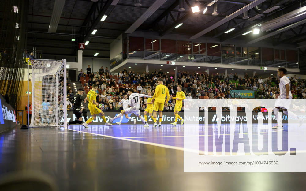 Scoring chance by Kim Herterich (GER) against goalkeeper Ernestas Macenis (LIT), action, tackle, during the Futsal World Cup qualifying match between Germany and Lithuania (4–2) at the Westenergie Sporthalle on October 18, 2026, in Mülheim an der Ruhr, Germany, Westenergie Sporthalle