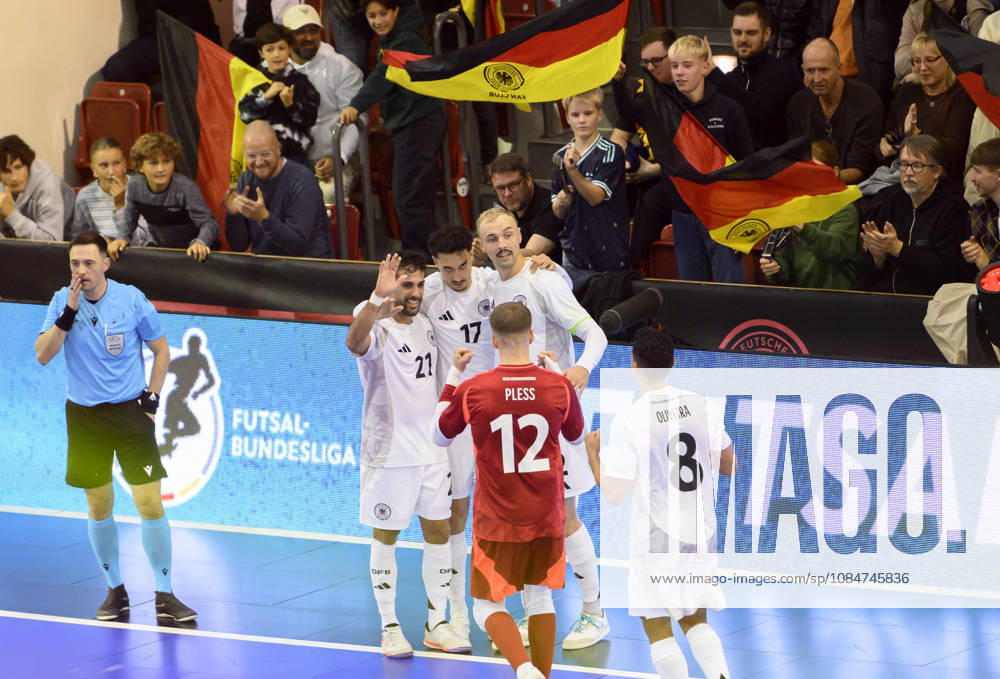 Celebration by Matias Block (GER) after his goal to make it 4–2; from left to right: Matias Block (GER), Kim Herterich (GER), Christopher Wittig (GER), goalkeeper Philipp Pless (GER), Gabriel Oliveira (GER). Futsal World Cup qualifying match: Germany vs. Lithuania, 4–2, on October 18, 2026, in Mülheim an der Ruhr, Germany, at the Westenergie Sporthalle.