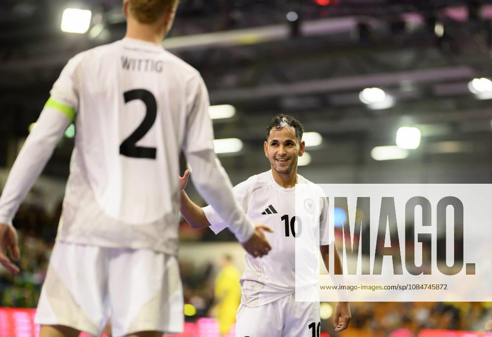 Fouad Aghnima (GER) and Christopher Wittig (GER) celebrate after scoring the goal that made the score 3–2 in the Futsal World Cup qualifying match between Germany and Lithuania (4–2), on October 18, 2026, at the Westenergie Sporthalle in Mülheim an der Ruhr, Germany