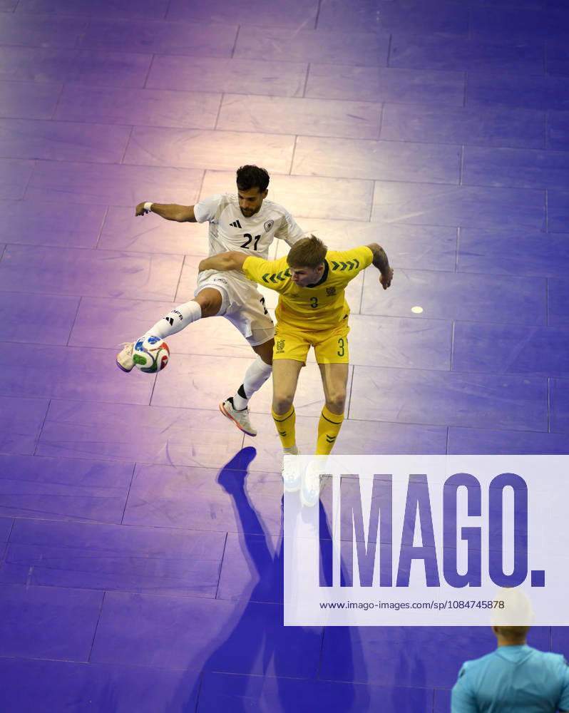 L r Matias Block (GER), Ignas Rastutis (LIT), Action, One-on-one, Futsal World Cup Qualifier: Germany vs. Lithuania 4–2, on October 18, 2026, in Mülheim an der Ruhr, Germany, at the Westenergie Sporthalle