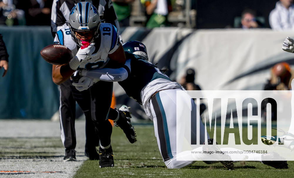 Oct 18, 2026; Philadelphia, PA, USA; Carolina Panthers wide receiver Jalen Coker (18) looks to turn the ball off the field for a first down during the NFL, American Football Herren, USA football matchup between the Carolina Panthers and Philadelphia Eagles at Lincoln Financial Field. The Panthers defeated the Eagles 25-14.Mandatory Credit: -Cal Media Philadelphia USA - ZUMAcs17 20261018_faf_cs17_041