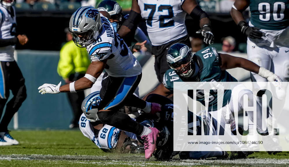Oct 18, 2026; Philadelphia, PA, USA; Carolina Panthers running back Chuba Hubbard (30) rushes the ball during the NFL, American Football Herren, USA football matchup between the Carolina Panthers and Philadelphia Eagles at Lincoln Financial Field. The Panthers defeated the Eagles 25-14.Mandatory Credit: -Cal Media Philadelphia USA - ZUMAcs17 20261018_faf_cs17_044