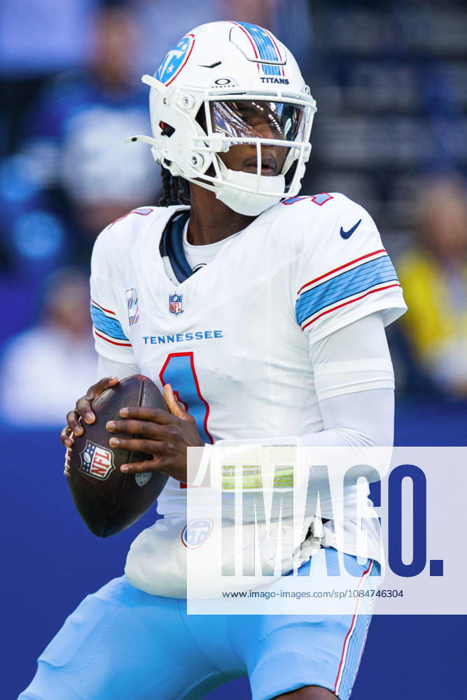 Oct 18, 2026; Indianapolis, IN, USA; Tennessee Titans quarterback Cam Ward (1) passes the ball during NFL, American Football Herren, USA game action against the Indianapolis Colts at Lucas Oil Stadium. Mandatory Credit: -Cal Media NFL 2026: Titans Vs Colts OCT 18 - ZUMAc04_ 20261018_zma_c04_023