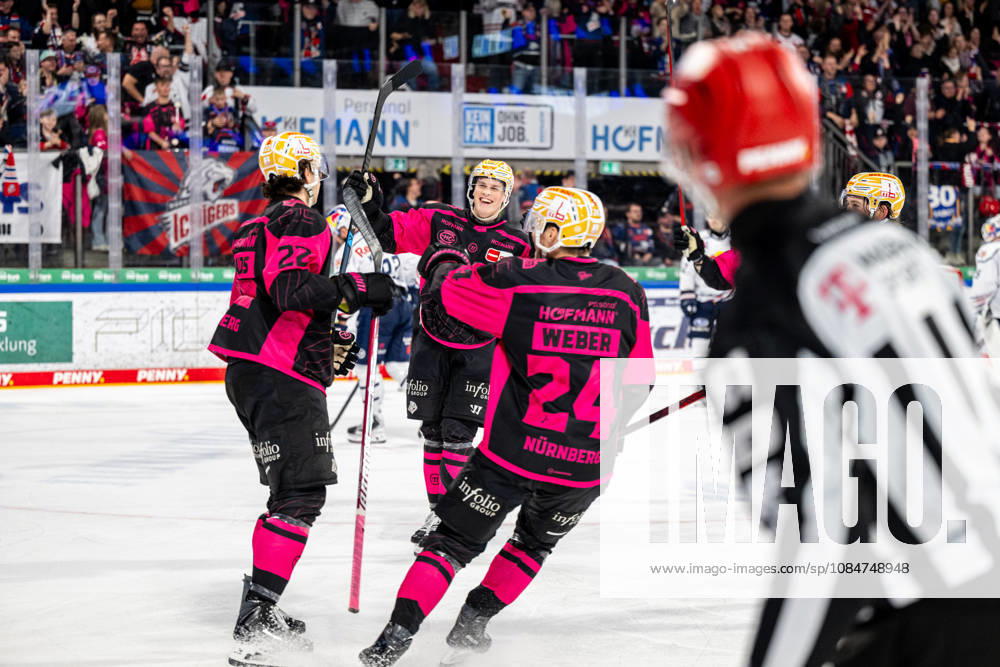 Goal celebration: Noah Samanski 8, Nuremberg Ice Tigers, NIT; Timo Bakos 22, Nuremberg Ice Tigers, NIT; Marcus Weber 24, Nuremberg Ice Tigers, NIT, Nuremberg Ice Tigers vs. Red Bull Munich, Ice Hockey, Penny DEL, Matchday 10, October 18, 2026, Nuremberg Ice Tigers vs. Red Bull Munich, Ice Hockey, Penny DEL, Matchday 10