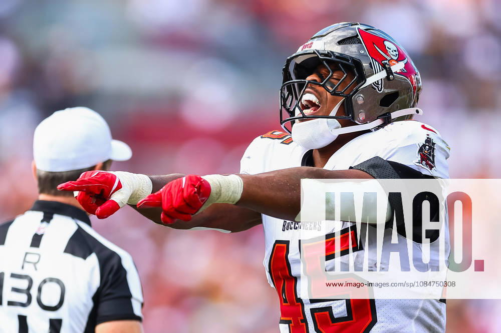 Tampa Bay Buccaneers linebacker JOSIAH TROTTER (45) celebrates during an NFL, American Football Herren, USA football game between the Pittsburgh Steelers and the Tampa Bay Buccaneers on Sunday, October 18, 2026, at Raymond James Stadium in Tampa, Florida. Tampa USA - ZUMAs335 20261018_znp_s335_027