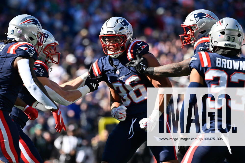 Oct 18, 2026; Foxborough, MA, USA; New England Patriots tight end Cameron Latu (36) reacts to his special teams play against the New York Jets during the first half at Gillette Stadium. Mandatory Credit: -Cal Media NFL, American Football Herren, USA 2026: Jets Vs Patriots OCT 18 - ZUMAc04_ 20261018_zma_c04_044