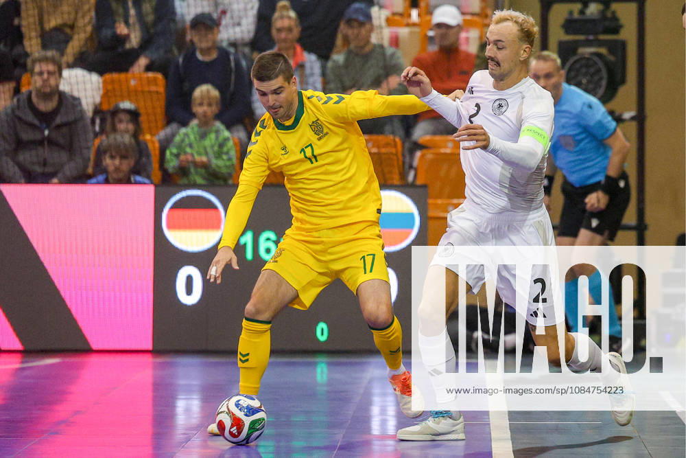 Futsal, World Cup Qualifier, Germany vs. Lithuania, Westenergie Sports Hall, Mülheim an der Ruhr, 2026–2027 Season: Christopher Wittig (Germany 02) in a one-on-one battle against Paulius Osauskas (Lithuania 17). DFB regulations prohibit any use of photographs as image sequences and or quasi-video. North Rhine-Westphalia, Germany