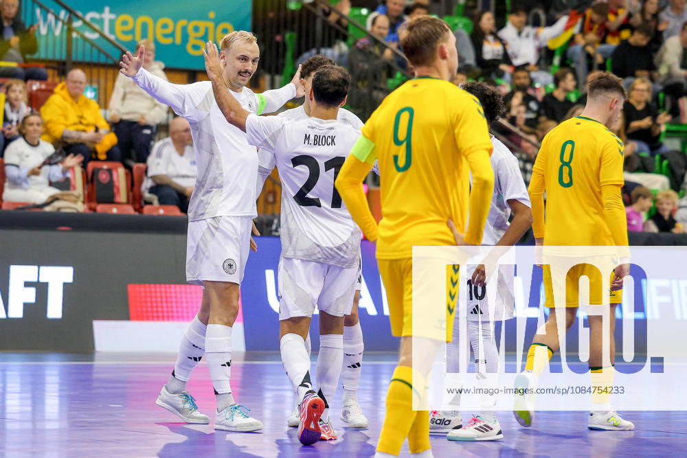 Futsal, World Cup Qualifier, Germany vs. Lithuania, Westenergie Sports Hall, Mülheim an der Ruhr, 2026–2027 Season: Celebrations after the 2–2 goal scored by Christopher Wittig (Germany 02) alongside Matias Block (Germany 21). DFB regulations prohibit any use of photographs as image sequences and or quasi-video. North Rhine-Westphalia, Germany