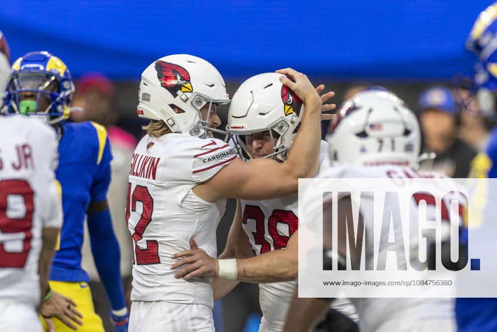 INGLEWOOD, CA - OCTOBER 18: Arizona Cardinals punter Blake Gillikin (12) celebrates the game-winning field goal kick by kicker Chad Ryland (38) in the final seconds of an NFL, American Football Herren, USA football game between the Arizona Cardinals and Los Angeles Rams at SoFi Stadium, Sunday, October 18, 2026, in Inglewood, California. (Photo by Tony Ding Icon Sportswire) NFL: OCT 18 Cardinals at Rams Icon46520261018017