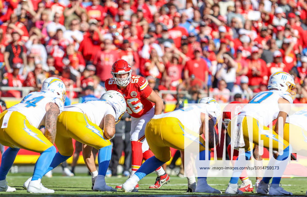 Oct 18, 2026: Kansas City Chiefs defensive end George Karlaftis (56) lines up for a play against the Los Angeles Chargers in Kansas City, MO, USA; at Arrowhead Stadium. Mandatory Credit: -Cal Media Kansas City USA - ZUMAc04_ 20261018_zma_c04_239