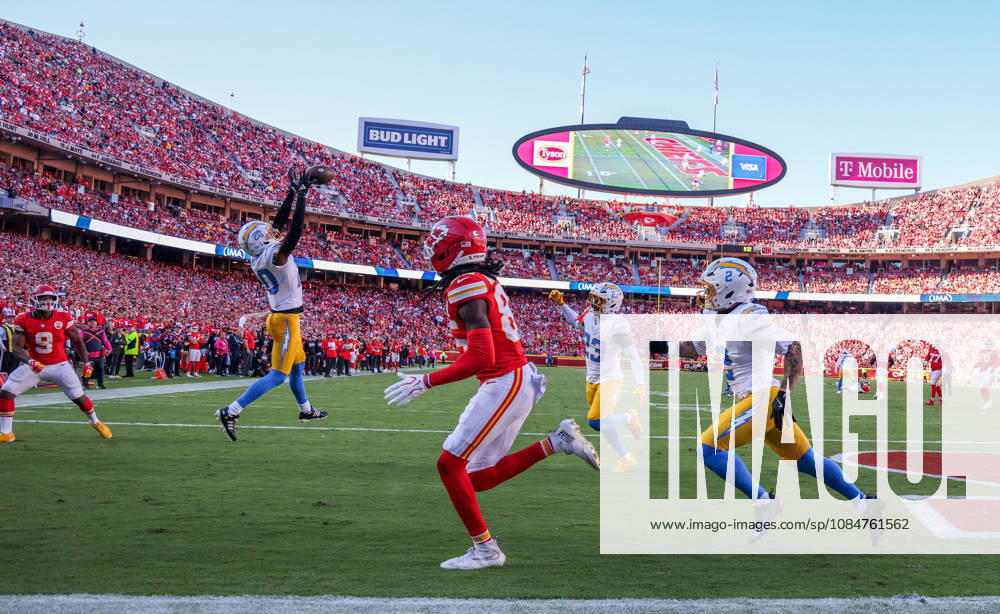 Oct 18, 2026: Los Angeles Chargers cornerback Cam Hart (20) intercepted the ball in the end zone against the Kansas City Chiefs in Kansas City, MO, USA; at Arrowhead Stadium. Mandatory Credit: -Cal Media Kansas City USA - ZUMAc04_ 20261018_zma_c04_392