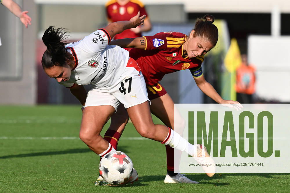 AS Roma v AC Milan - Serie A Women Nerea Nevado of A.C. Milan Femminile and Manuela Giugliano of A.S. Roma Femminile are in action during the Serie A Women Athora match day 3 between A.S. Roma and A.C. Milan Femminile at the Tre Fontane Stadium in Rome, Italy, on October 18, 2026. Rome Italy Italy