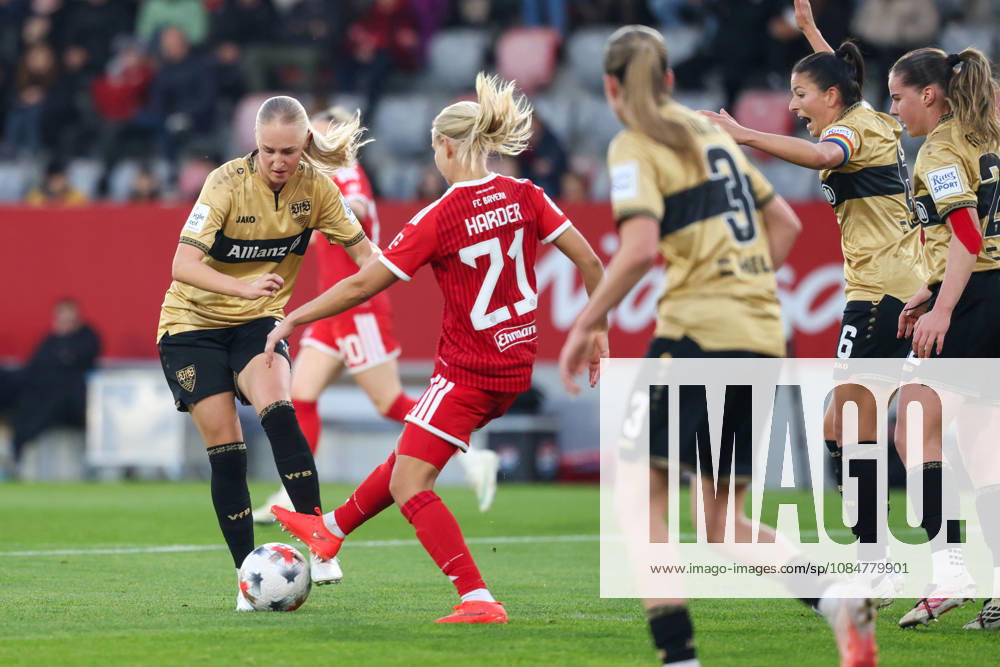 Luzie Zaehringer of VfB Stuttgart, 23, with Pernille Harder of FC Bayern Munich, 21, and Chantal Hagel of VfB Stuttgart, 06, GER, FC Bayern Munich vs. VfB Stuttgart, Soccer, Google Pixel Women’s Bundesliga, Matchday 7, 2026–2027 Season, October 19, 2026, DFL and DFB regulations prohibit any use of photographs as image sequences and or quasi-video, GER, FC Bayern Munich vs. VfB Stuttgart, soccer, Google Pixel Women’s Bundesliga, Matchday 7, 2026–2027 season, October 19, 2026, Munich