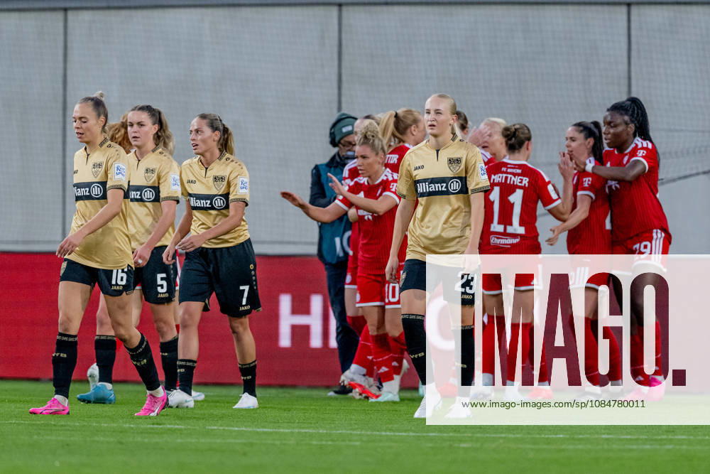 Disappointed Stuttgart players after Pernille Harder’s early goal to make it 2–0 for FC Bayern Munich Women, 21, as the Munich players celebrate in the background GER, FC Bayern Munich Women vs. VfB Stuttgart, Soccer, Google Pixel Women’s Bundesliga, Matchday 7, 2026–2027 Season, October 19, 2026. DFL and DFB regulations prohibit any use of photographs as image sequences and or quasi-video. Photo: HMB Media, Heike Feiner
