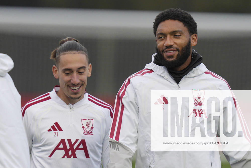 Liverpool Training, Champions League Joe Gomez of Liverpool FC jokes with Konstantinos Tsimikas of Liverpool FC as they warm up before the Liverpool Training Session ahead of the UEFA Champions League Matchday 3 v Villarreal CF, AXA Training Centre, Liverpool, United Kingdom on 19 October 2026 Credit: Steve Flynn Every Second Media Editorial use only. All images are copyright Every Second Media Limited. No images may be reproduced without prior permission.