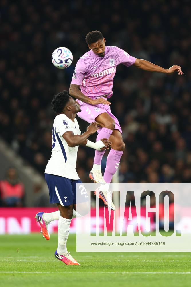 Ethan Pinnock of Coventry City heads the ball away from Mohammed Kudus of Tottenham Hotspur. Tottenham Hotspur v Coventry City, Premier League, Football, Tottenham Hotspur Stadium, London, UK - 19 Oct 2026London Tottenham Hotspur Stadium United Kingdom