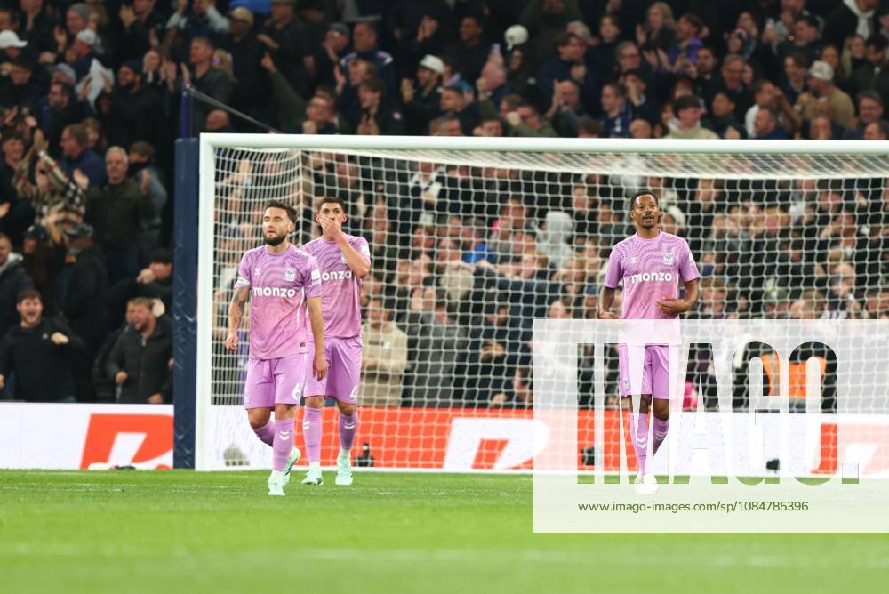 Matt Grimes of Coventry City (L), Bobby Thomas of Coventry City (C) and Ethan Pinnock of Coventry City (R) shows a look of dejection after James Maddison of Tottenham Hotspur scores a goal to make the score 1-0. Tottenham Hotspur v Coventry City, Premier League, Football, Tottenham Hotspur Stadium, London, UK - 19 Oct 2026London Tottenham Hotspur Stadium United Kingdom