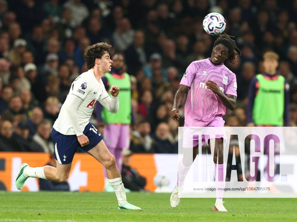 Caleb Yirenkyi of Coventry City heads the ball as Archie Gray of Tottenham Hotspur defends. Tottenham Hotspur v Coventry City, Premier League, Football, Tottenham Hotspur Stadium, London, UK - 19 Oct 2026London Tottenham Hotspur Stadium United Kingdom