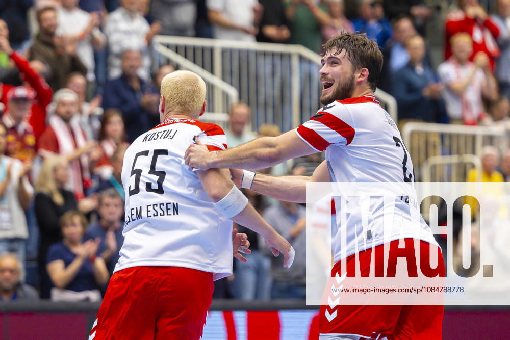 Matchday 8 of the 2nd Handball Bundesliga, TuSEM Essen vs. TV Emsdetten; Oskar Kostuj (TuSEM Essen) and Nicholas Schley (TuSEM Essen) celebrate in Essen; Am Hallo, NRW, Germany; xRHR PHOTO DEx