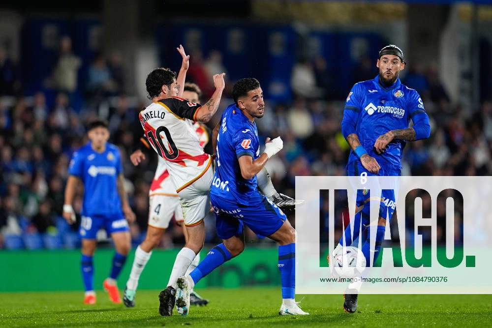 Abdel Abqar of Getafe CF and Sergio Camello of Rayo Vallecano compete for the ball during the Spanish League, LaLiga EA Sports, football match between Getafe CF and Rayo Vallecano at Coliseum de Getafe stadium on October 19, 2026, in Getafe, Spain. Getafe Spain - ZUMAa181 20261019_zaa_a181_080