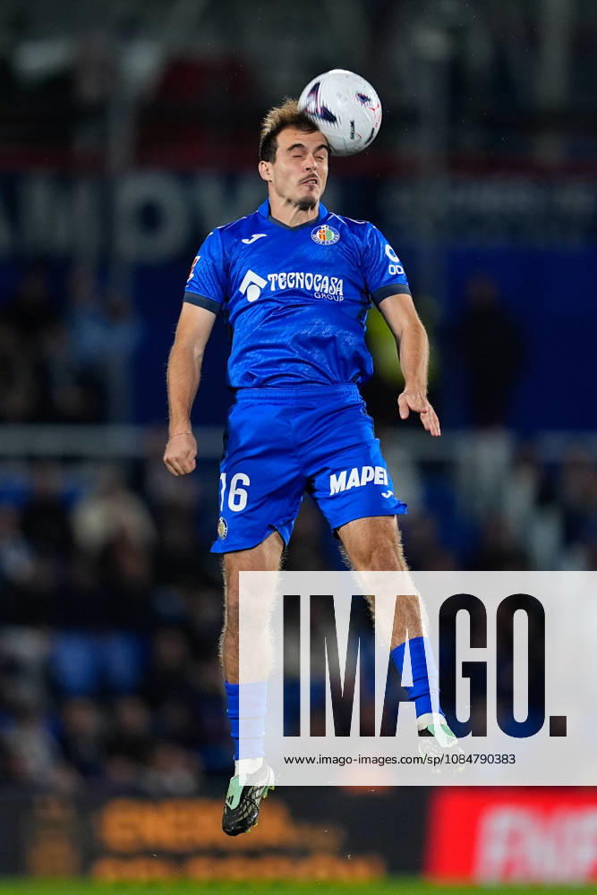 Francho Serrano of Getafe CF heads the ball during the Spanish League, LaLiga EA Sports, football match between Getafe CF and Rayo Vallecano at Coliseum de Getafe stadium on October 19, 2026, in Getafe, Spain. Getafe Spain - ZUMAa181 20261019_zaa_a181_083