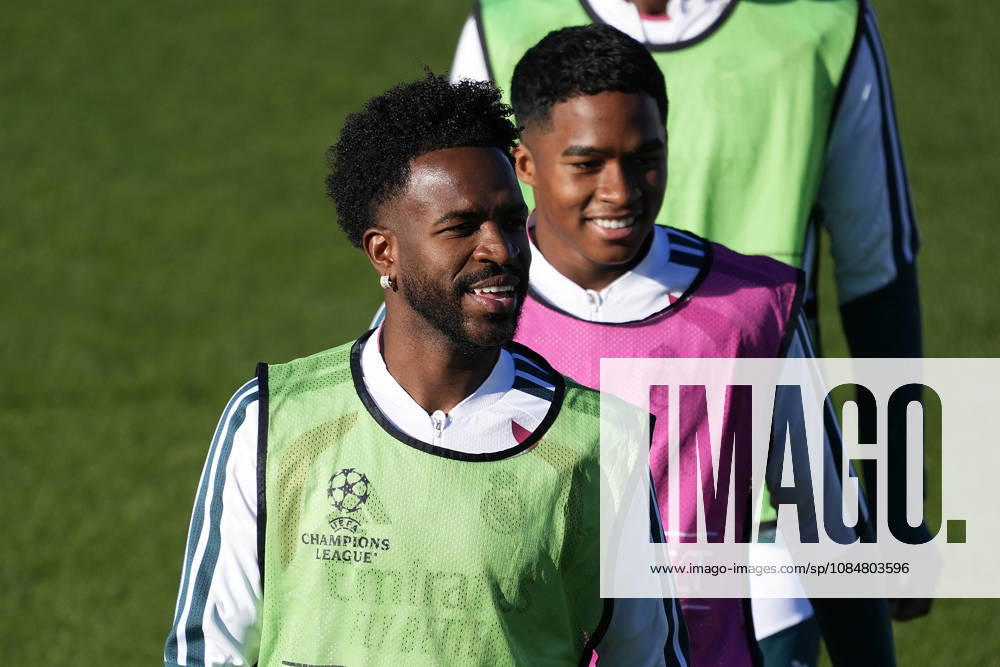 Real Madrid CF s Vinicius Junior (l) and Endrick Felipe Moreira during training session prior to the Champions League round 3 match against RB Leipzig. October 20 2026. (2026102040)